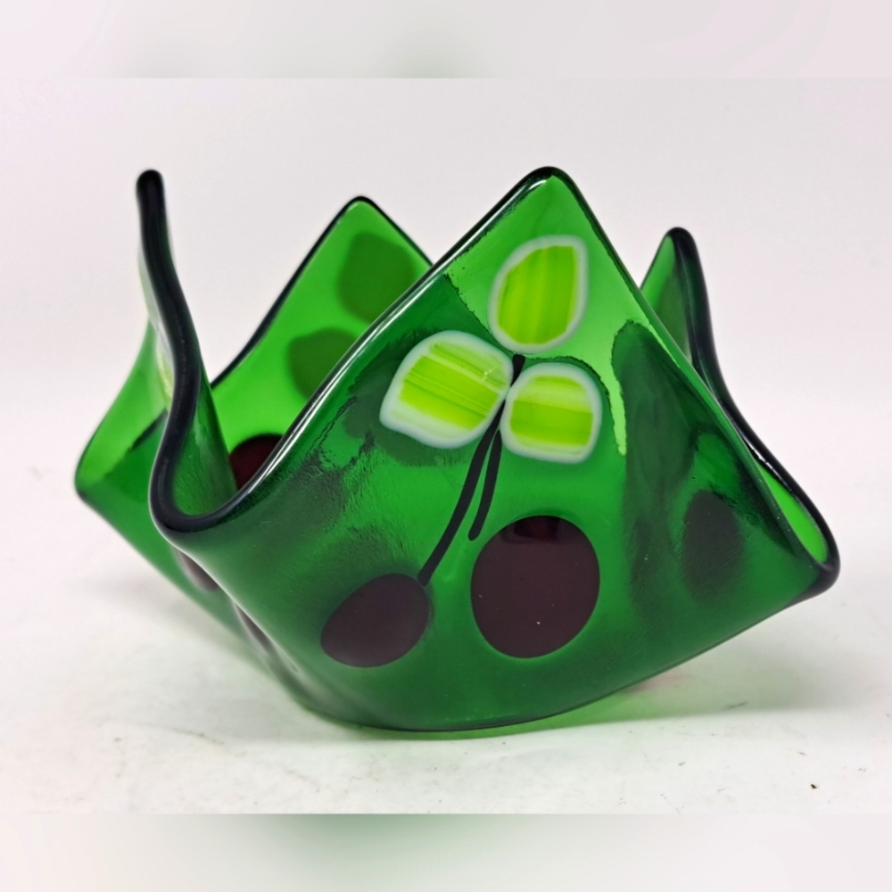 Green Fused Glass With Cherries  Handkerchief Style Dish Tea Light Holder